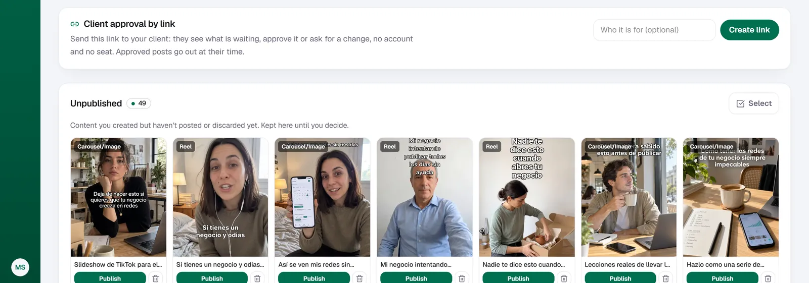 Quetzal's own queue: TikTok slideshows, reels and carousels made by Quetzal, waiting for approval
