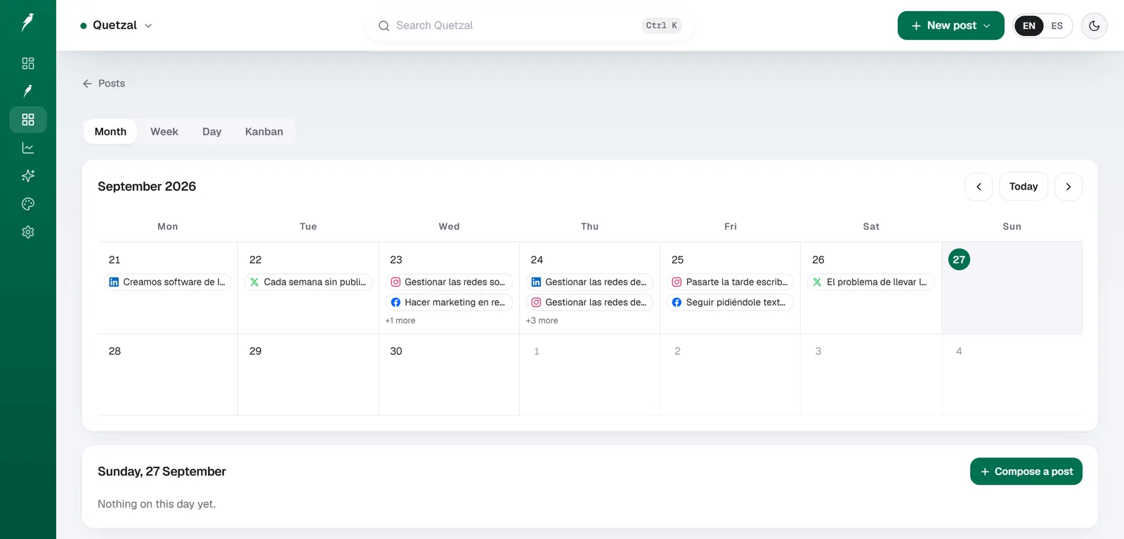 A real week on Quetzal's own accounts: LinkedIn, X, Instagram and Facebook, planned and scheduled